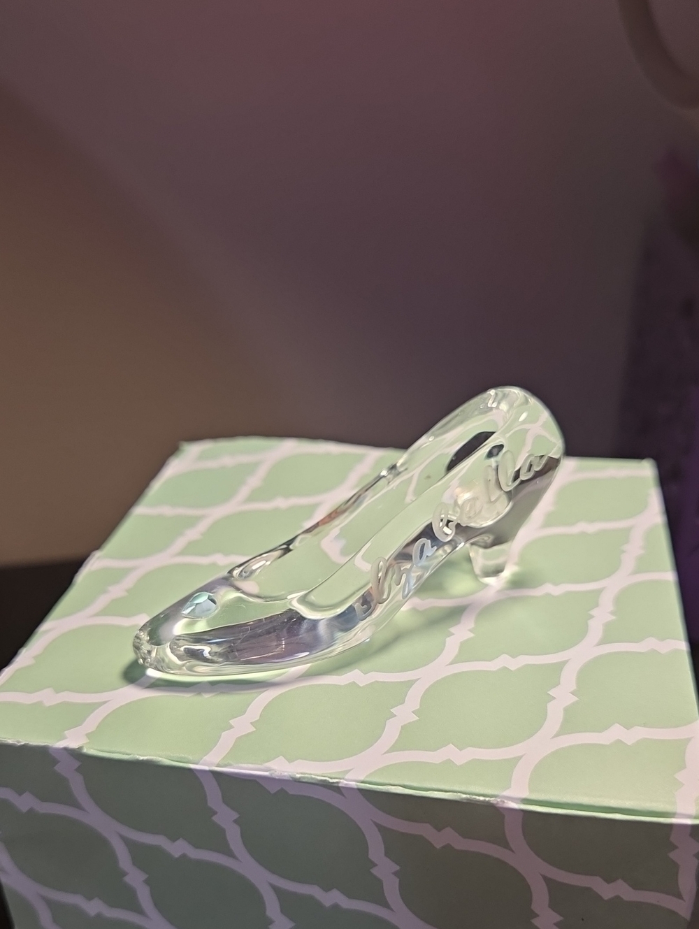 Real Glass Slipper with Blue Heart Crystal & Izabella engraved on it.